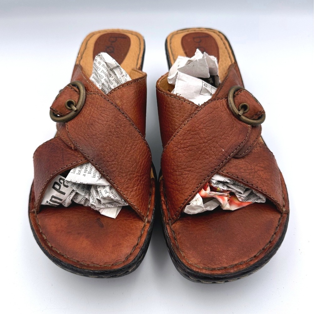 B.O.C Brown Leather CrissCross Slide Wedge Women's Size 9 EU 40.5 Comfort Casual